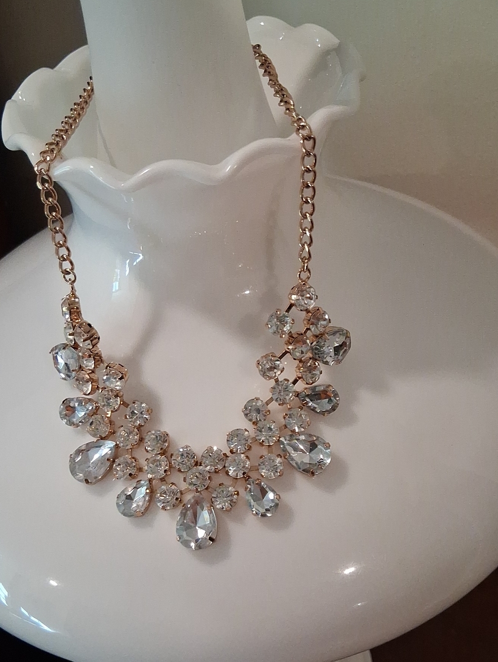 Crystal Teardrop Statement Necklace Goldtone